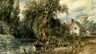 Watercolour painting of people in a rowboat by the bank of a river, with a large tree and a house in the background.