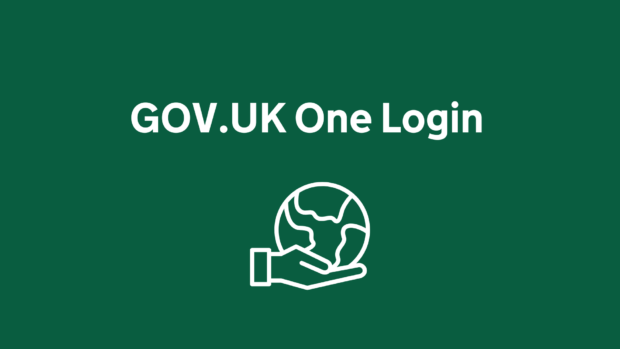 GOV.UK One Login with a globe on a hand palm icon.