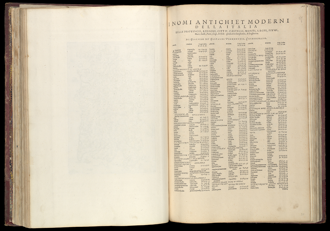 An image showing 'PBC3995(57); [text] I nomi antichi, et moderni della Italia…di Giacobo de Gastaldi Piamontese Cosmografo. In Venetia MDLXIIII. [1]'