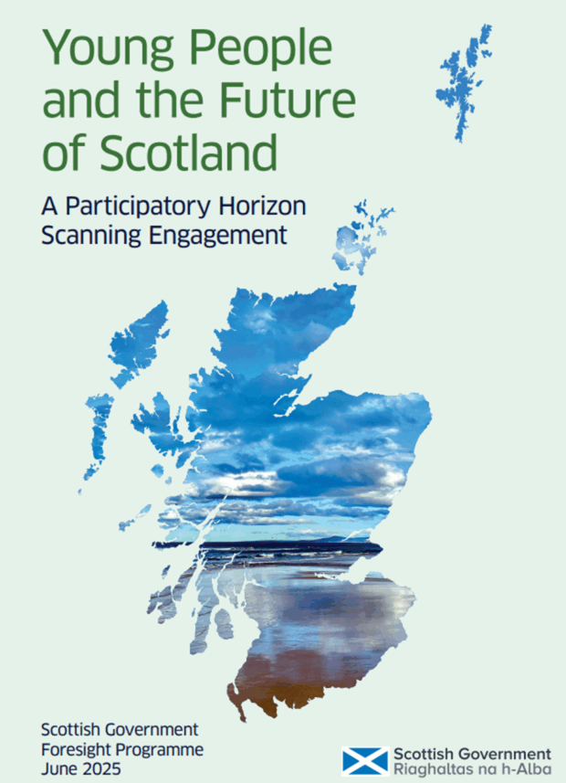 The cover of the Scottish Government's publication for the Children and Young People engagement titled "Young People and the Future of Scotland: A Participatory Horizon Scanning Engagement." The cover shows a map of Scotland