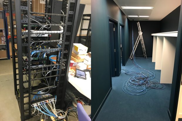 Images of a rack of electronics being built and a corridor with cabling and a ladder