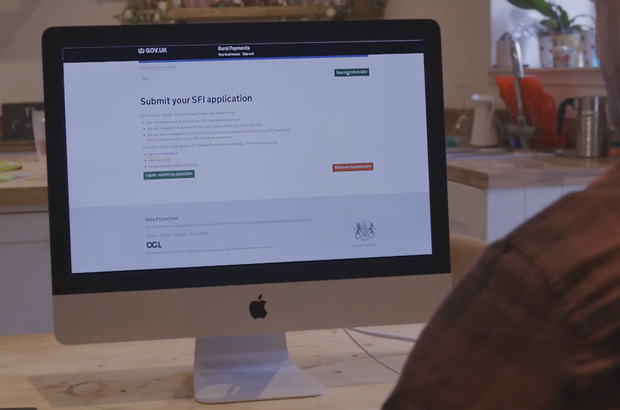 Interior shot of Mac screen in a kitchen, with SFI apply page displayed