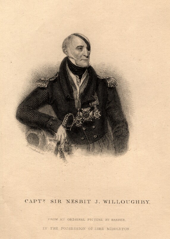 Historic B&W engraved half-length portrait of man in military uniform with a black patch over his eye. 