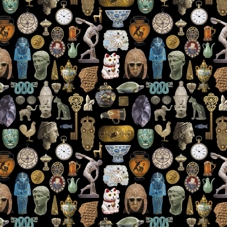 Composite showing an assortment of objects from the museum collection, including the Sutton Hoo helmet, discobolus sculpture, cuneiform tablet, as well as various ceramics, busts and watches.