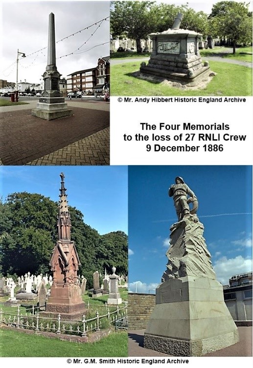 Montage of four colour photographs of monuments in different styles; top left, obelisk; top right, chest tomb with broken mast feature; lower right, statue of lifeboatman on plinth; lower left, Gothic spire on plinth. 