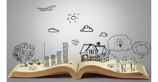 An image of an open book with illustrations on the pages depicting graphs, people, cloud and airplane