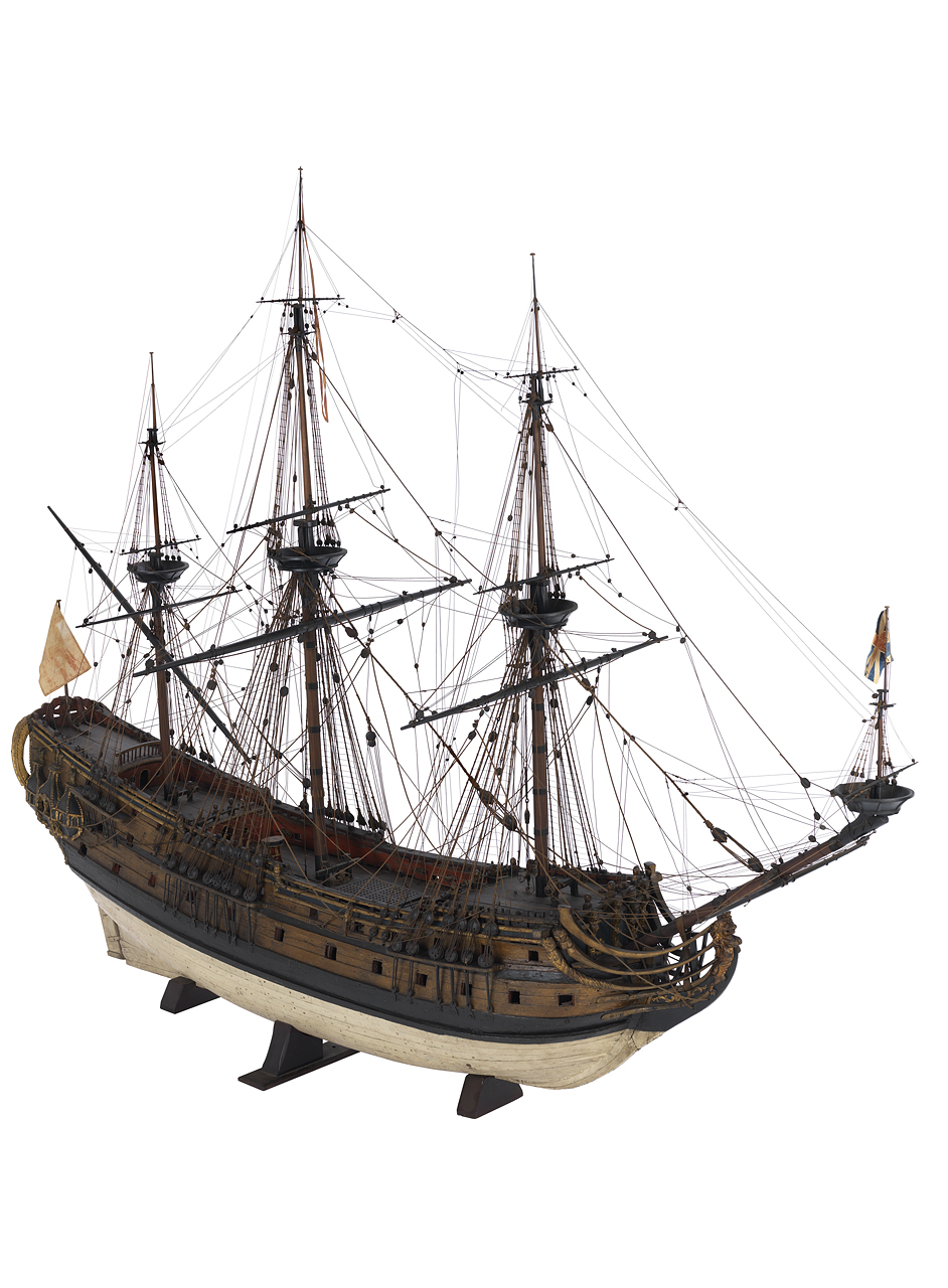 An image showing 'Ship of 50 guns c.1660 - bow three quarter'