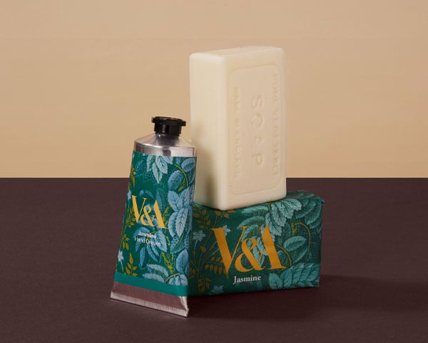 Soaps and hand creams Soap bars and hand creams wrapped in floral patterns from the V&A museum archive.