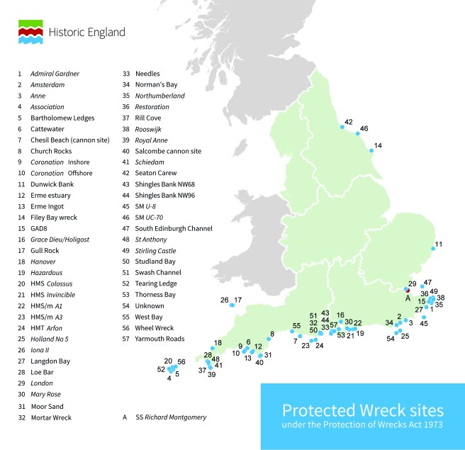Location map of 57 wreck sites in England, concentrated along the south coast, with legend 'Protected Wreck sites under the Protection of Wrecks Act 1973' at bottom right; Historic England logo at top left