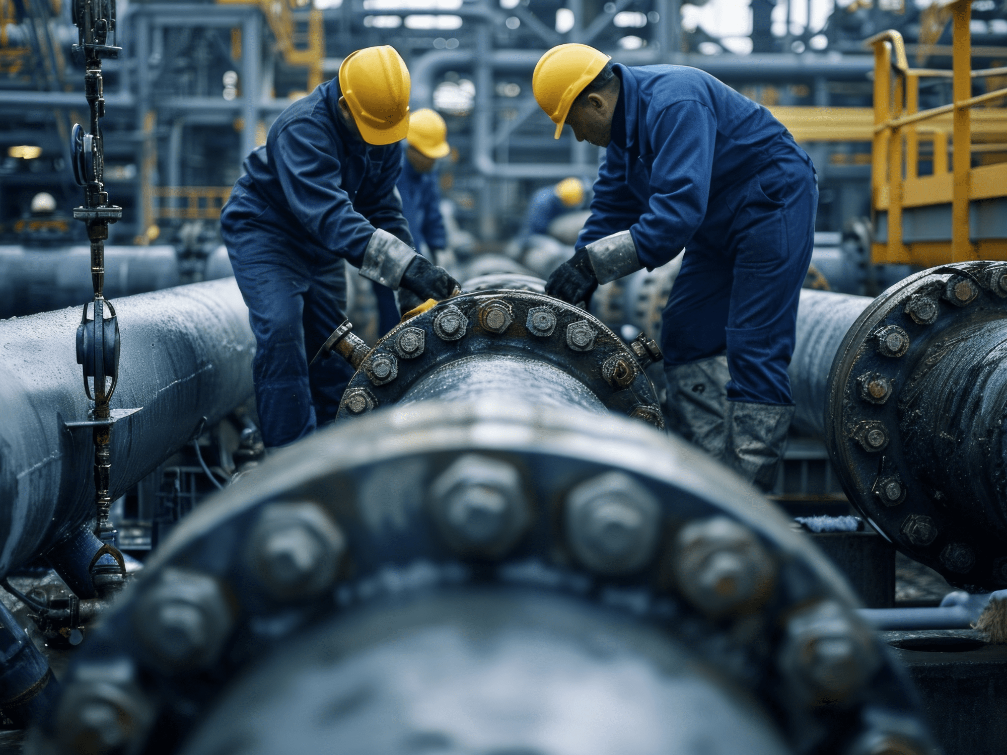 Pipefitting workers on site. Find out more about doing a pipe fitter course or pipe fitter training with the ECITB on a pipe fitting course