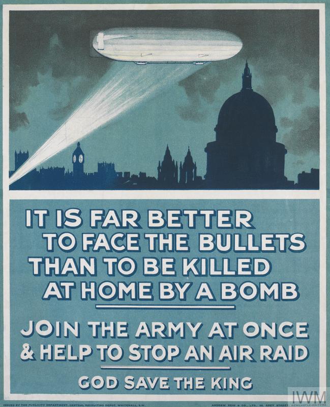 First World War recruitment poster depicting a German Zeppelin over London
