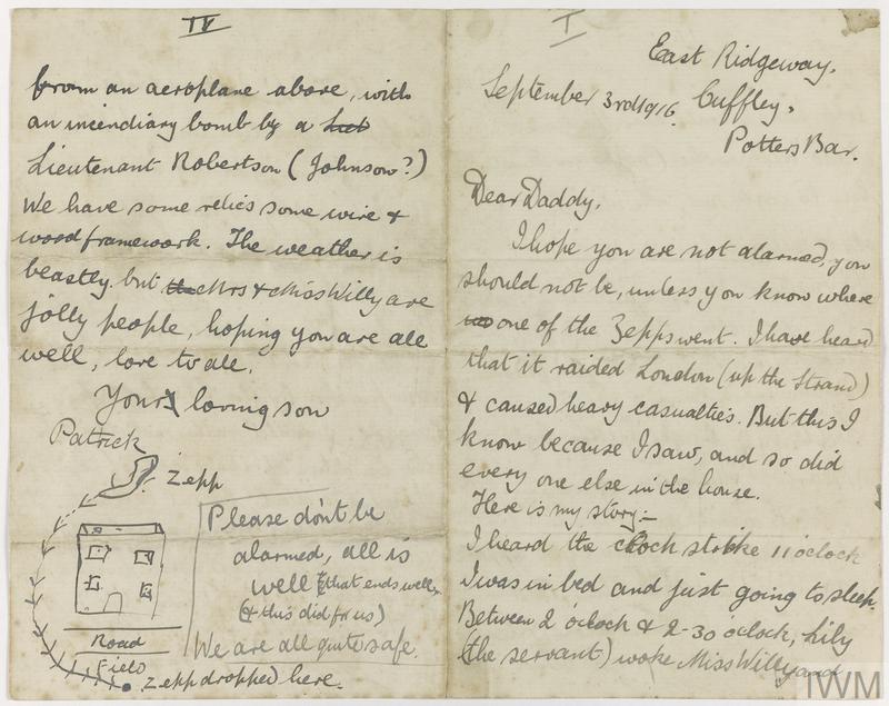 Letter concerning the burning of a Zeppelin at Cuffley, Hertfordshire, September 1916