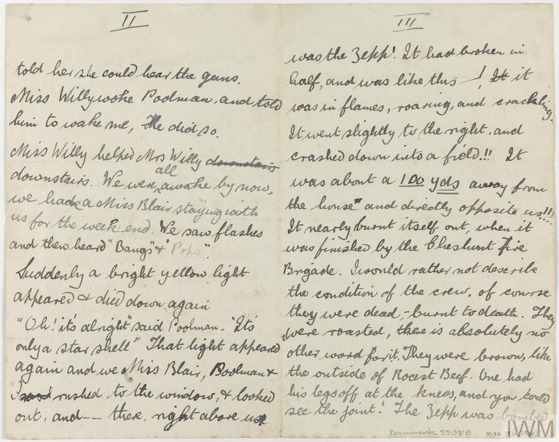 Letter concerning the burning of a Zeppelin at Cuffley, Hertfordshire, September 1916