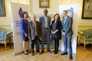 A Holocaust Memorial Day commemoration in 10 Downing Street, 30 January 2019. Pictured – Olivia Marks-Woldman OBE, CEO of the HMD Trust; Steven Frank BEM, Holocaust survivor; Eric Eugene Murangwa MBE, survivor of the Rwandan Genocide; Karen Pollock CBE, CEO of the Holocaust Educational Trust; Michael Livingston, now a Deputy Director at the Department for Culture Media and Sport