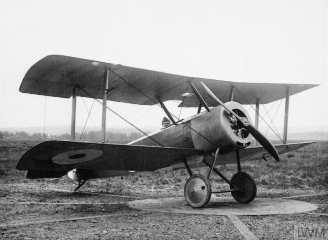 Historic B&W photo of man in biplane, front propeller to left, on a hard-standing, trees and shrubs on the horizon visible just below the lower wing.