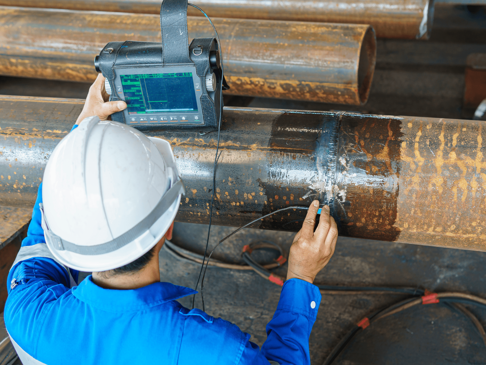 NDT Person Testing A Metal Pipe With An Electrical Unit