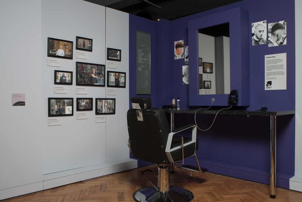 Barber shop installation inside Hair Untold Stories