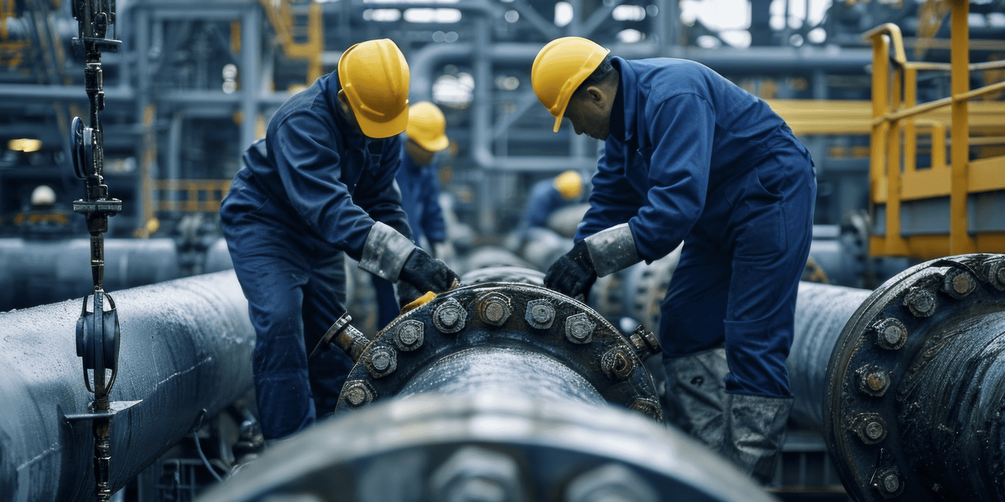 Pipefitting workers on site. Find out more about doing a pipe fitter course or pipe fitter training with the ECITB on a pipe fitting course