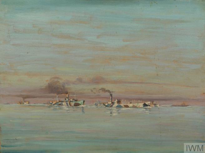 A convoy of dazzle camouflaged ships in the lower third of the painting, against a blue sea and a blue sky with pink and orange tinges to the clouds and on the horizon.