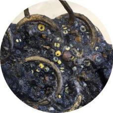 Detail of artefacts in concretion revealed after cleaning, such as rings and yellow beads
