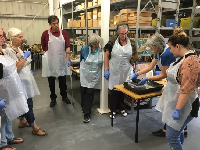 Group of people standing in a semi-circle and all wearing blue conservation gloves,watching conservators working with object on table at right. Background is shelves of museum storage boxes.