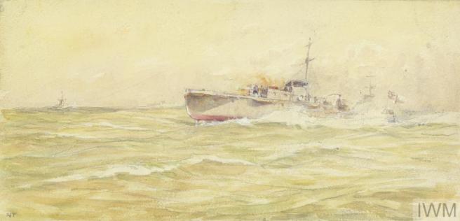 Watercolour of green-sea with small ship to right centre ground, dark wash on sea to left indicuating a submarine.