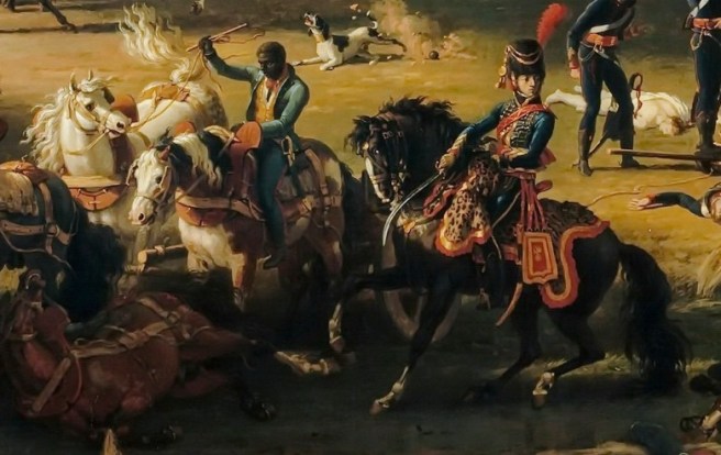 Oil painting showing a black cavalryman fighting alongside a white cavalryman in a melee of horses on the battlefield.