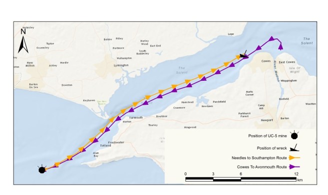 Colour map of the Solent with purple line showing outbound voyage and yellow line depicting inbound voyage, with terminal points marked by a mine symbol and a wreck symbol representing the location where the vessel struck the mine and where she sank.
