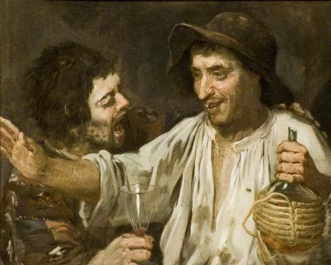 Painting in neutral shades depicting two men, one wearing a hat and white shirt, clutching a wine bottle, the other behind his outstretched arm, looking at him. This man has a patched sleeve and holds a wine glass.
