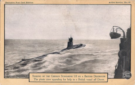 Black and white illustration of U-8 submarine on the surface being approached by a destroyer, the crew assembled on the conning tower appealing for help.