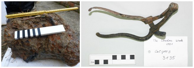 Left to right: Concretion as found, the callipers are visible at the top; callipers after being removed from the concretion.