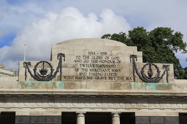 Colour photograph of stone memorial inscription reading '1914-1918: To the Glory of God and to the honour of twelve thousand of the merchant navy and fishing fleets who have no grave but the sea'.