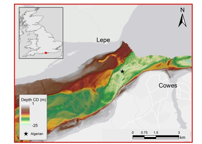 Location map of the Algerian, seen as a black star, with the land on either side illustrated in black and white, and the surrounding seabed depth illustrated by different colours shading from red at the shallowest to blue at the deepest.