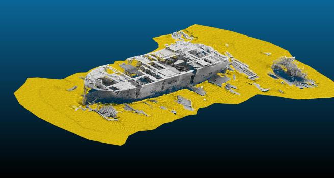 The forward section of the James Eagan Layne wreck, using modern bathymetric imagery allowing a view into the ship