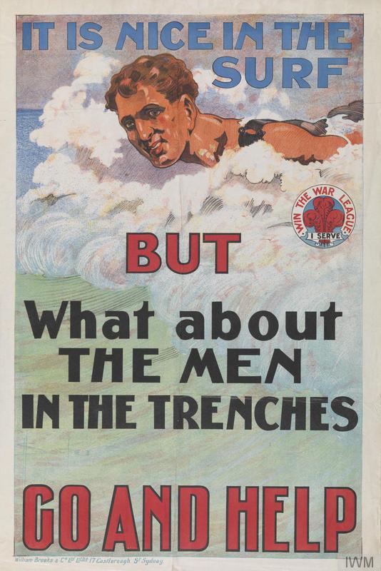 Colour poster of a swimming man, captioned 'It is nice in the surf but what about the men in the trenches'