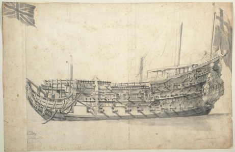 Pen and ink ship portrait of the hull of the London in broadside view, with flag at her stern.