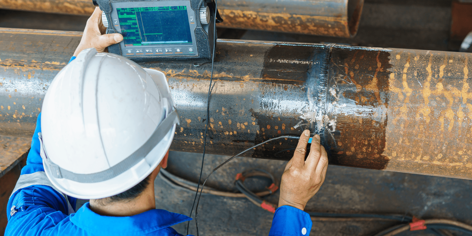 NDT Person Testing A Metal Pipe With An Electrical Unit