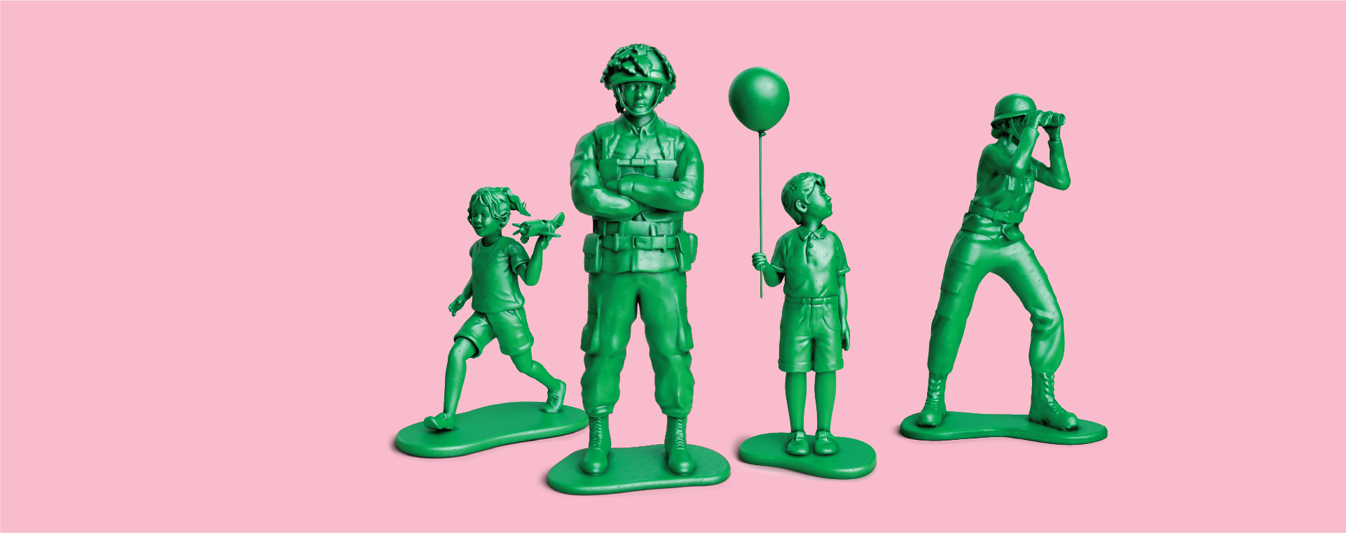 Toy soldiers against a pink background. 