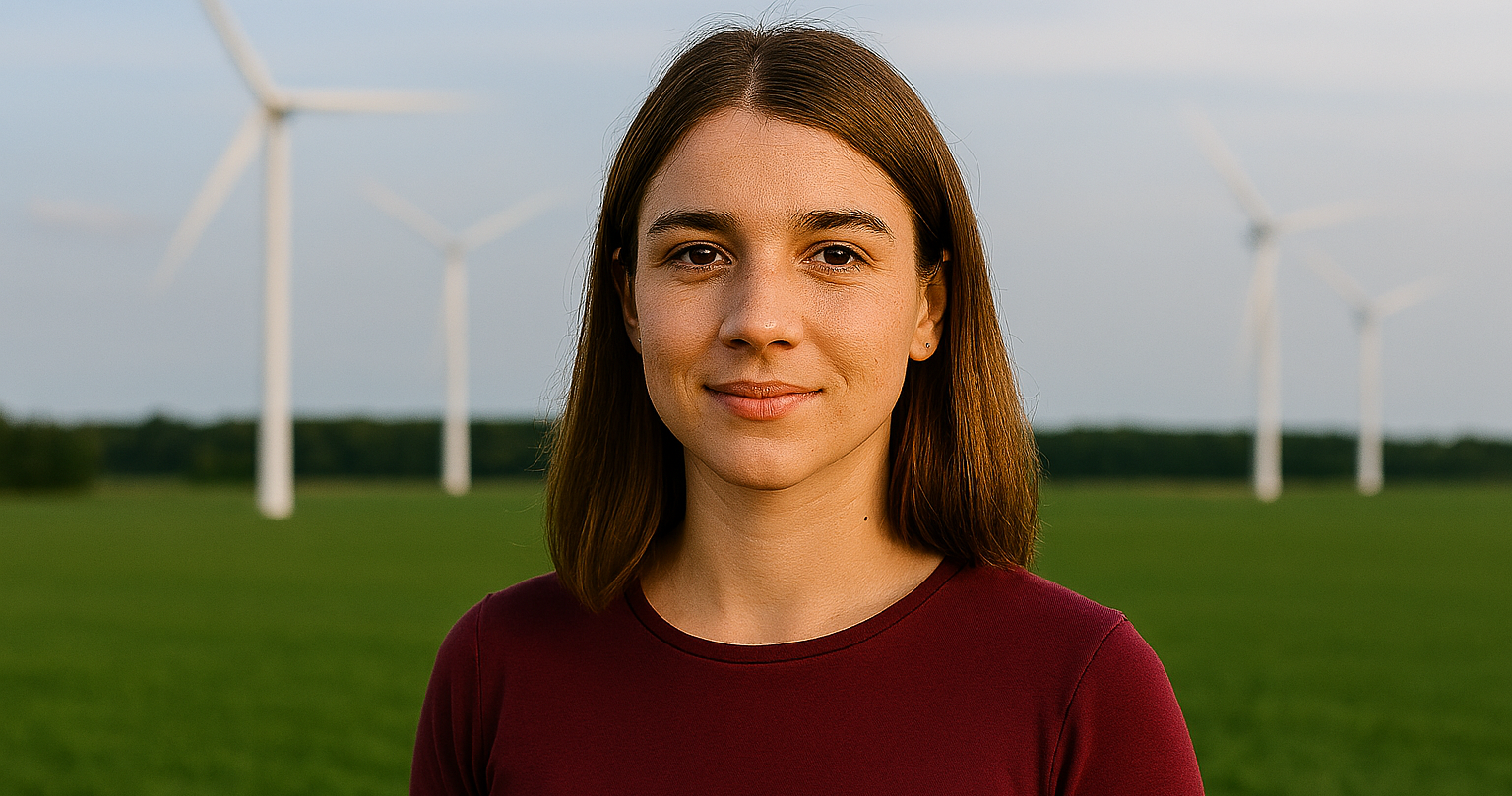 Early careers professional project manager in front of wind turbines