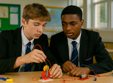 Two teenage students undertaking a STEM activity at their desk