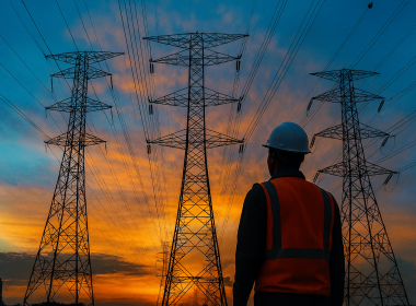 Man looking at electricity pylons