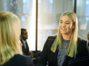 Blonde haired woman at an interview