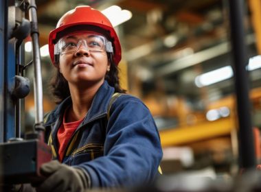 Woman in red hard hat and overalls