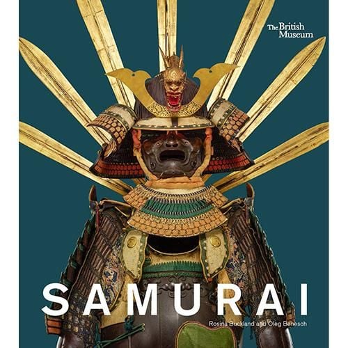 The cover of the British Museum Samurai exhibition book featuring an ornate suit of Samurai armour, with the blades of seven golden swords spread out behind it, on a blue background.