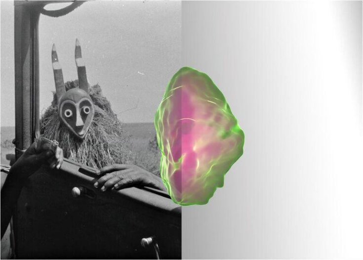 Hans Himmelheber, Masked Figure and Men, DRC, Pende Region, 1939, Scan of a Chalcopyrite from the Kipushi Mine, and Reflection in Mirror top image