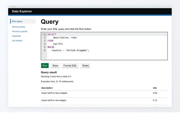 Screenshot showing the example SQL query in Data Explorer