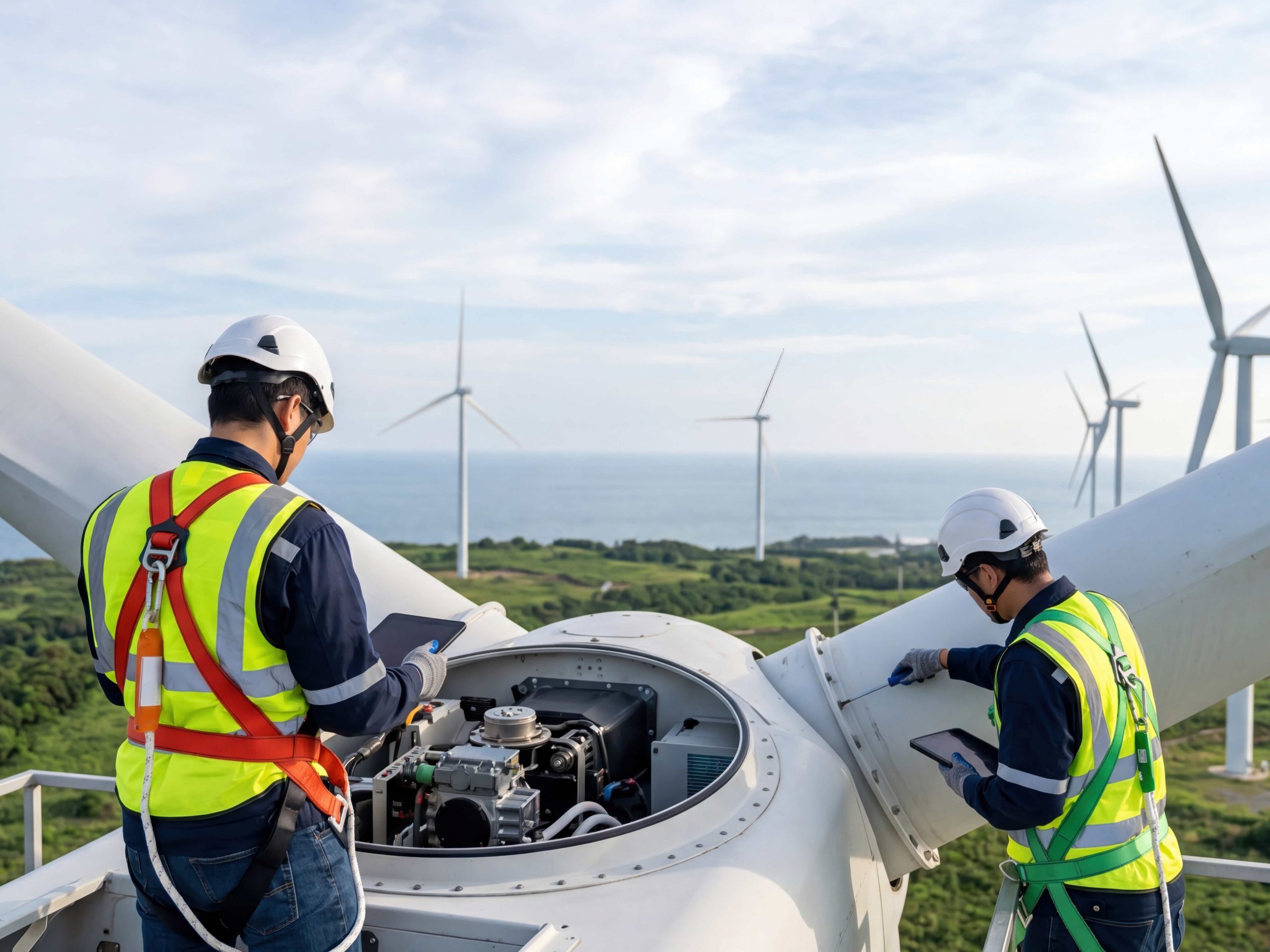 Wind Turbine Technicians Doing Maintenance On Turbine