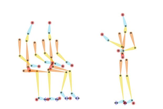 A still image from the animation framework showing the ‘bare bones’ of the character rigging used to animate the action of movement in areas such as arms, legs and walking so our characters could go about their smarter working day. The rigging is comprised of different coloured sticks connected by dots that represent limbs and joints the limbs and joints of three humanoid shapes, two sitting and one standing. The sticks and dots can be manipulated to portray movement when illustrative graphics are overlaid