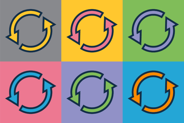 6 multi-coloured arrows forming circular shapes