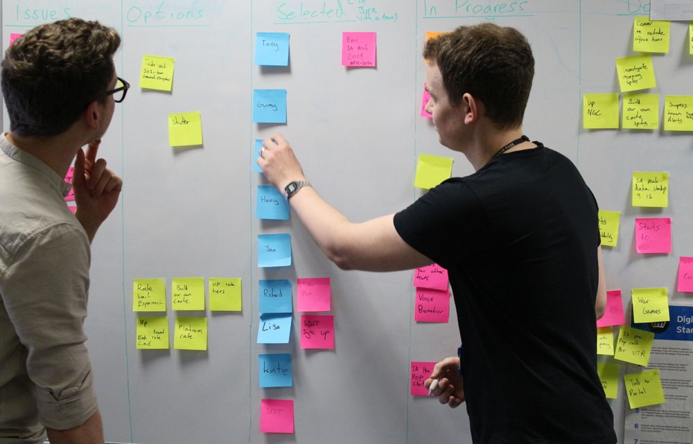 Two males sticking brightly coloured sticky notes to a whiteboard